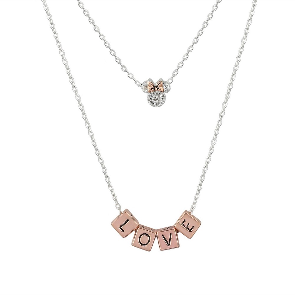 Disney Minnie Mouse 14k Rose Gold 925 Silver Plated Love Charm Layered Necklace